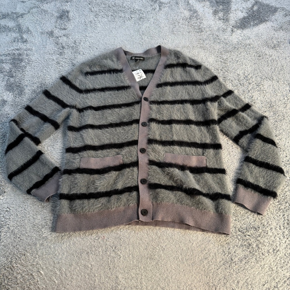 INC International Concepts Men Small Gray Black Striped Fuzzy Cardigan Sweater